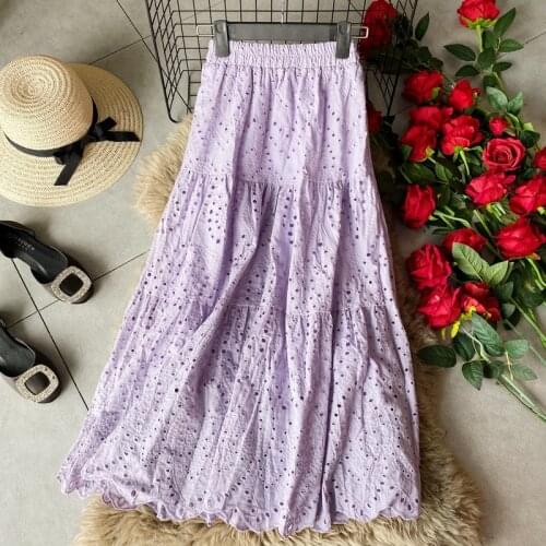 Korean Style Spring Summer Hollow Embroidery Skirt Literary vintage High Waist Solid Color Skirt For Women