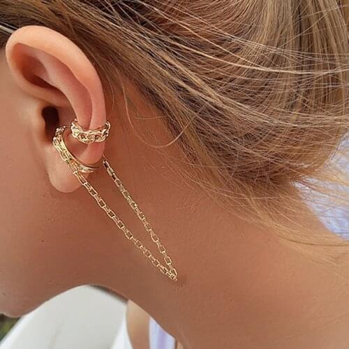 Fashion Gold Silver Color Double Circle Fake Piercing Earcuff Long Chain Tassel Clip on Earrings for Women Ear Cuff Set Jewelry