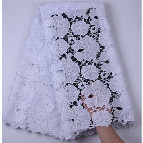 New Arrival African Lace Fabric Net Mesh Guipure Lace Fabric With Stones Pure White Water Soluble Lace Embroidered Fabric S1707