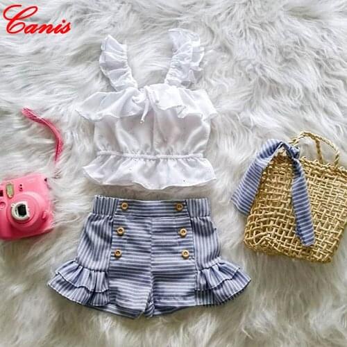 3Pieces Summer New Sweet Toddler Kid Baby Girls Clothes Sets Strap Tops Camis+Stripe Shorts+Headband Beach Outfits Set Sunsuits