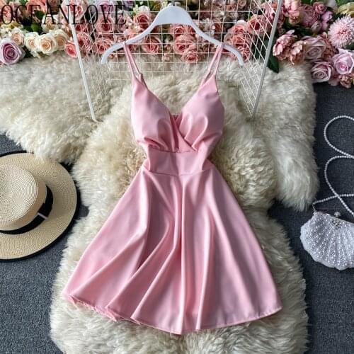 OCEANLOVE Party Dress for Women Solid V Neck High Waist Korean 2021 Spring Summer Dresses Backless Sexy A-line Vestidos