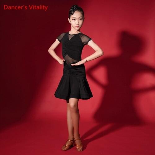 Latin Dance Practice Clothes Female Child Elegant Round Neck Dress Training Clothing Summer Girl Professional Performance Skirt