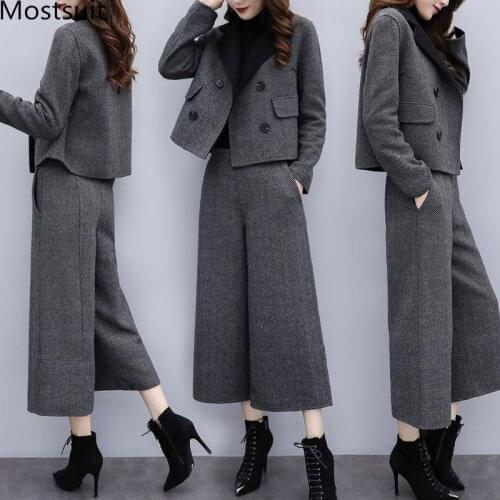 Autumn Winter Woolen Two Piece Sets Outfits Women Plus Size Short Coat And Wide Leg Pants Suits Elegant Office Korean Sets 2019