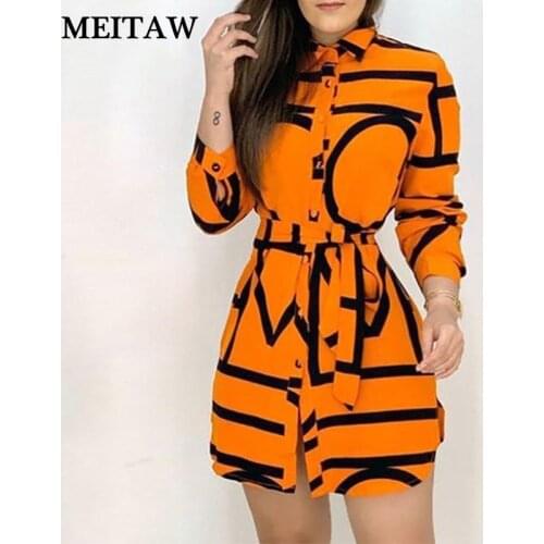 2021 Spring Autumn Striped Shirt Dresses Casual Turn Down Collar Long Sleeve Party Dresses Elegant Sashes Orange Mini Dress