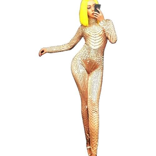 Full Rhinestones Pearl Striped Tights Jumpsuit Long Sleeve Turtleneck Leotard Shiny Costume For Women Nightclub Dance Show Wear