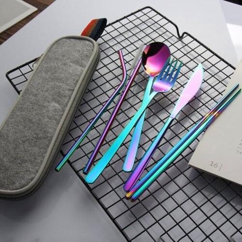 Portable Dinnerware Set Travel Camping Cutlery Set With Knife Fork Spoon Metal Straw Chopsticks And Portable Case Silverware Set