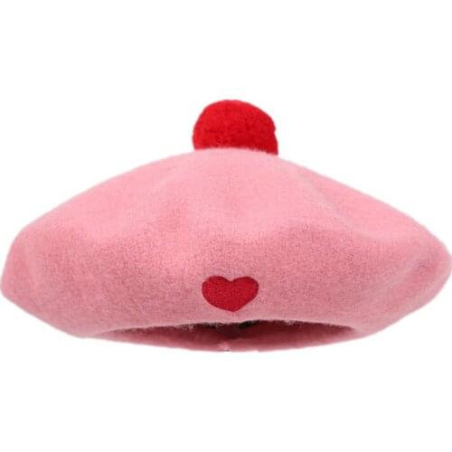 Lolita Girls Baby Pink Manga Heart Pom Pom Beret Hat Kawaii Cute Painter Beret Cap