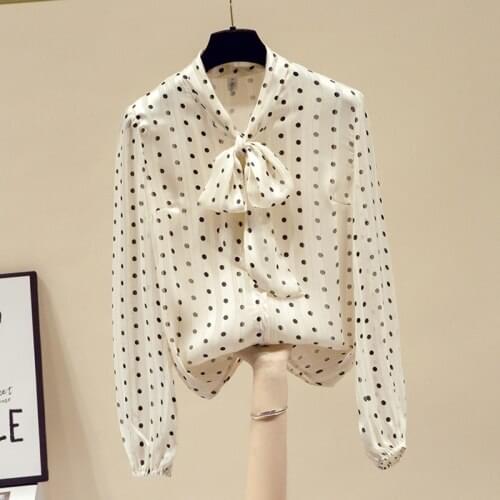 Polka Dot Bow Shirt Womens Clothes 2021 Spring Autumn New Fashion Blouse Loose Chiffon Top Blusas Mujer