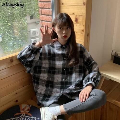 Shirts Women Spring Autumn Plaid Batwing Sleeve College Students Retro Ladies Top Blouse Lovely All-match Lapel Chic Trendy Soft