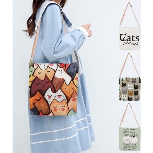 Cute Cartoon Cat Meow Print Canvas Shoulder Bag for Women 2021 New Tote Handbags LadiesTravel Crossbody Bag Girls Satchels Gift
