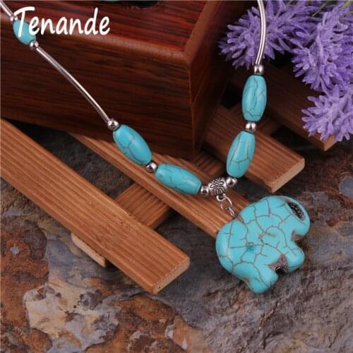 Tenande Tibet Silver Color Jewelry Natural Stone Elephant Pendant Necklaces for Women Accessories Boho Bijuterias