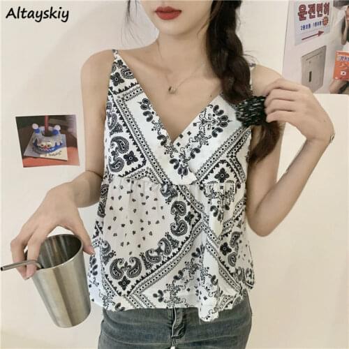 Camisole Women Totem Sexy Summer Breathable Streetwear Female Sleeveless V-neck Retro Clothes Thin All-match Leisure Ins Holiday