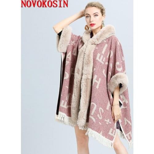 2020 Women Faux Fur Collar Knitted Letters Cardigan Winter Warm Thick Batwing Sleeve Tassel Cloak Lady Open Stitch Loose Coat