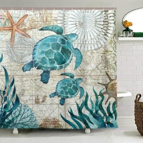 Nautical Green Sea Turtles Shower Curtain Beach Theme Octopus Bathroom Curtain Waterproof Polyester Fabric Bath Curtain Washable
