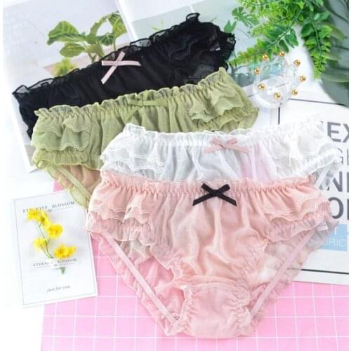 Women Sexy Hollow Transparent Mesh Net Yarn Lace Soft Thin Panties Japanese Style Cute Lovely Breathable Ruffle Underwear Breifs