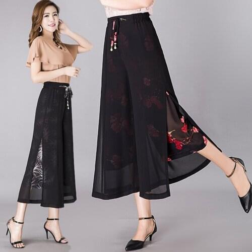 Female 2021 New Summer Thin Elastic High Waist Wide Leg Pants Women Casual Chiffon Printed Skirts Trousers Plus Size 5XL X191