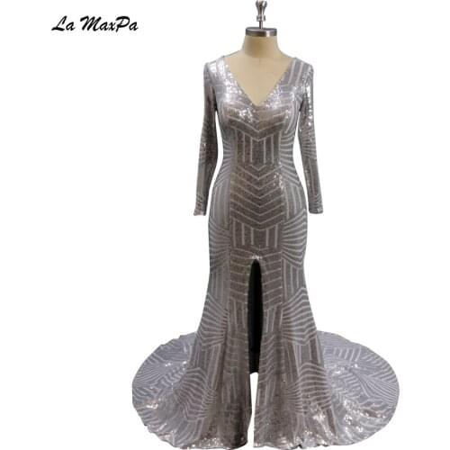 Sexy Front Slit V Neck Mermaid Long Sleeves Stunning Sequin Silver Prom Dress CMT31