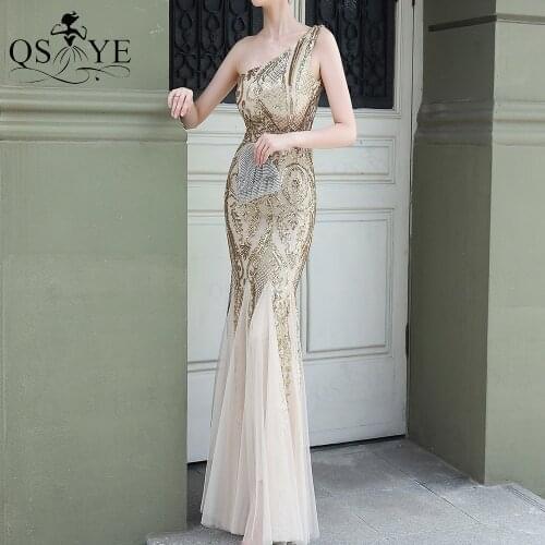 Gold Evening Dresses Mermaid One Shoulder Cheap Evening Gown Glitter Elegant Long Party Dress Golden Sequin Formal Gown Tulle
