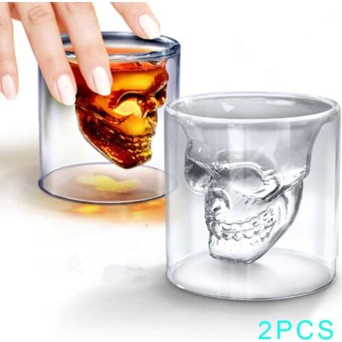2pcs 25ML Double Glass Skull Cup Two Ways Shot Transparent Crystal Skull Head Cocktail Milk Champagne Whisky Vodka Wine Glass
