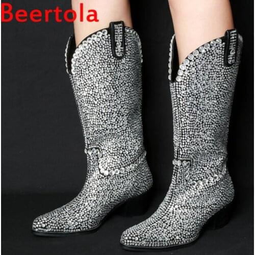 Beertola Ladies Chunky Heel All Rhinestone Booties Pumps 2019 Bling Bling Motorcycle Boots Nice Crystal Ankle Boots 35-42