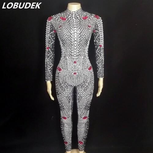 Sparkly Full Rhinestones Pearls Tight Jumpsuit Women Black Long Sleeve Spandex Elastic Leotard Stage Wear Birthday Party Outfits