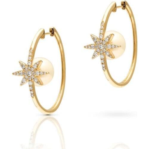 Gold gold big hoop earrings setting white round pearl delicate star snowflake CZ stone for women Gorgeous fashion charm jewelry
