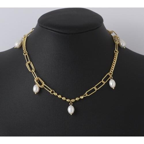 European and American wind jewelry wholesale matte gold stitching chain inlaid with freshwater pearl necklace