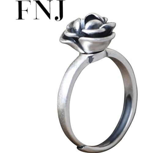 FNJ Romantic Rose Flower Ring 990 Silver Adjustable Size 100% Original Real S990 Solid Silver Rings for Women Jewelry