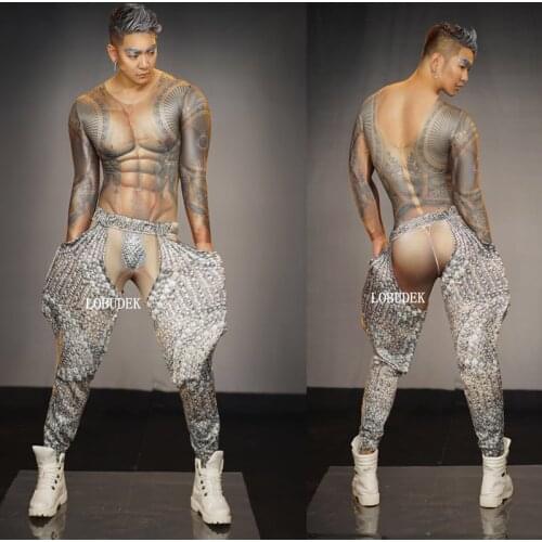 Bar Nightclub Pole Costume 3D Tattoo Print Jumpsuit Elastic Skinny Bodysuit Tights Muscle Man DJ Leotard Dance Wear