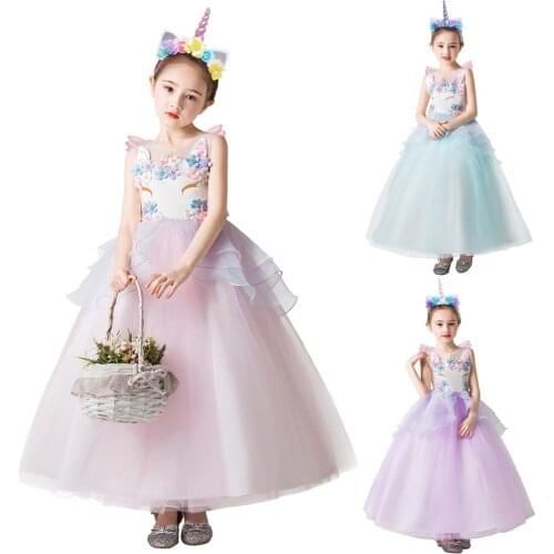 3pcs Set Kids Girl Clothes for Unicorn Party Cosplay Flower Sleeveless Ball Gown Long Dress Unicorn Headband & Wings Girls Dress