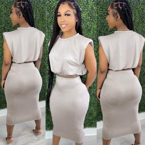 Fashion Women Solid Color Set Ladies Vest Tops And Knee-Length Skirt Suit Set White Gray Brown