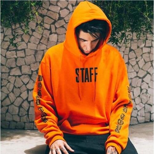 Hip Hop Male Sweatshirt staff Print Hoodie Long Sleeve Black Men Orange Streetwear Sweatshirts 2020 Oversized Man Hooded Staff