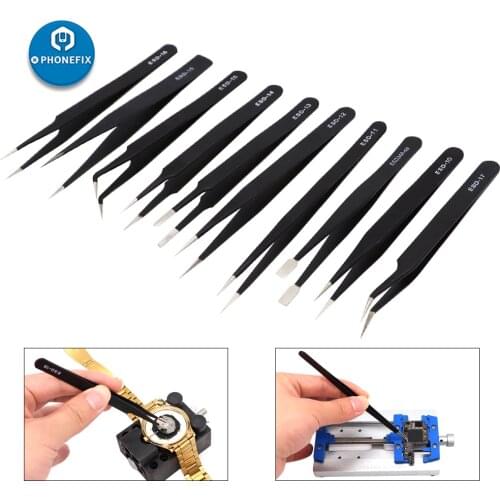 10pcs/lot Tweezers Set Precision Industrial Tweezers Antistatic Stainless ESD Nipper for Soldering Repair Electronics Tool Kit