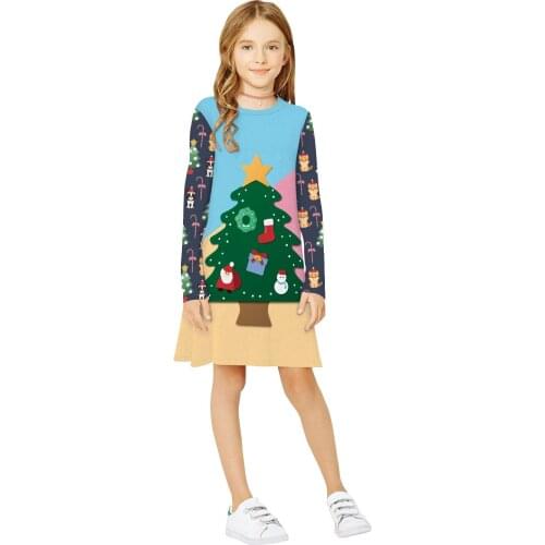 Cartoon Kids Baby Girls Long Sleeve Princess Dresses Christmas Tree Print Dress Party Outfits navidad Girls Winter Clothes