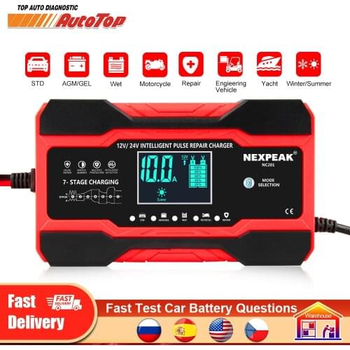 New 12V Car Battery Charger 10A Pulse Repair Smart Motorcycle Battery Charger 24V for GEL Wet Dry Lead Acid Battery Car Starter
