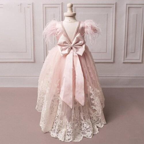 Blush Pink Girl Communion Dresses Girls Pageant Dress Appliques Bow Flower Girl Dress Kids Birthday Party Wear Capped Sleeve