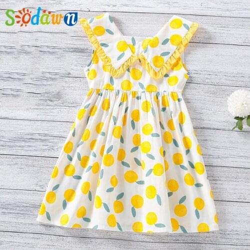 Sodawn Girls Dress Summer New Lapel Collar Lemon Print Vest Kids Sleeveless Cute Princess Dress