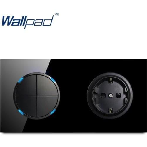 Wallpad 4 Gang 2 Way EU 16A German Socket Crystal Tempered Pure Black Glass Panel Wall Power Socket Outlet Grounded
