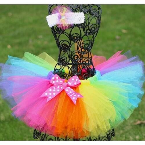 2019 Girls Rainbow Tutu Skirts Kids Handmade Tulle Pettiskirt with Polka Dots Bow and Flower Headband Baby Ballet dance Tutus