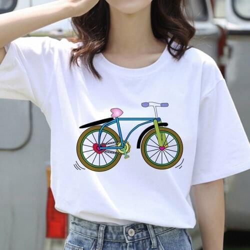 Simple Tshirt Round neck Cartoon Bicycle Theme printed Women T- shirt White Tees Short sleeve O-neck T Shirt Summer top tee