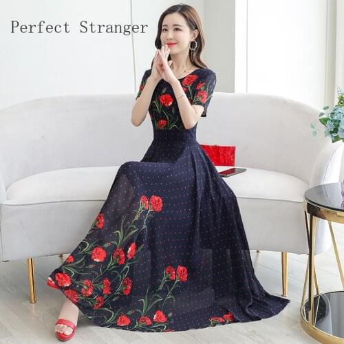2020 Summer New Arrival High Quality Elegant O Collar Short Sleeve Printed Women Chiffon Long Dress