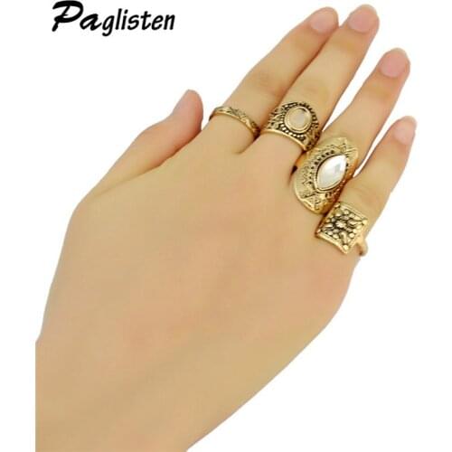 4Pcs/Set Bohemia Vintage Rings Set Carved Stone Women Ethnic Antique Rings for Women Fashion Jewelry