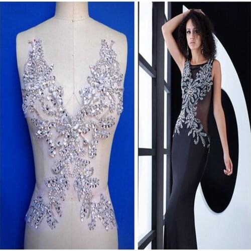 2019 new Pure hand made sew on Rhinestones applique on mesh silver crystals patches 39*29cm dress accessory