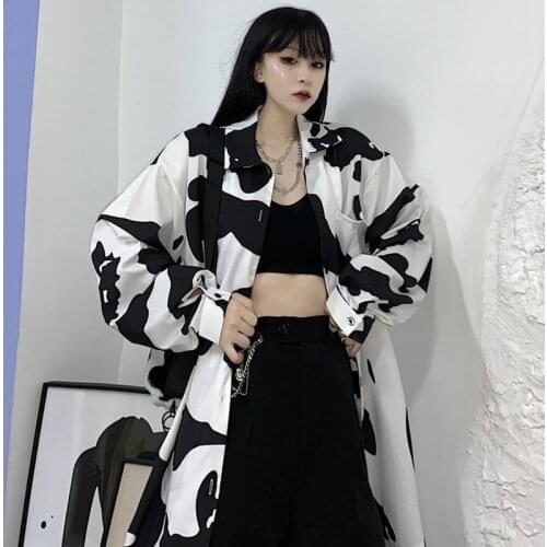 Korean Fashion Style Cow Print Oversize Blouses Harajuku Autumn Streetwear Loose Long Sleeve Women Casual Tops Button Up Shirts