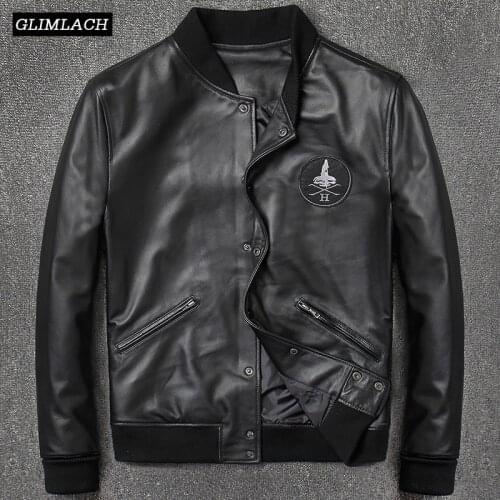2019 Fashion Genuine Leather Aviation Bomber Jacket Men Casual Black Real Leather Aviator Jacket Sheepskin Motorcycle Streetwear