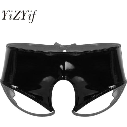 Mens Lingerie Gay men Underwear Sexy Wet Look Patent Leather Open Crotch with Sheer Organza Trim Sissy Briefs Underwear Panties