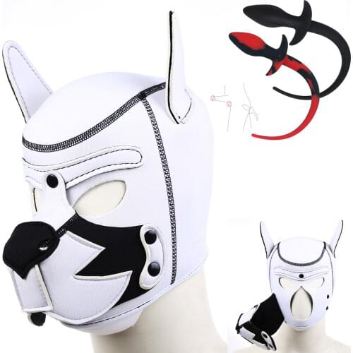 New Party Masks Pup Puppy Play White Dog Hood Mask Tail SM Soft Padded Neoprene Slave Sex Mask Dog Role Play Sex Toys For Couple