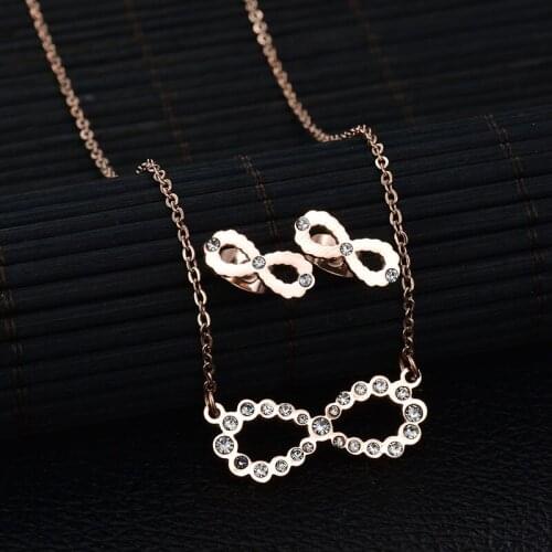 New Arrival Luxury Infinite Jewelry Set 3 Colors Stainless Steel CZ Stone Necklace Earring Set Wedding Bridal Gift
