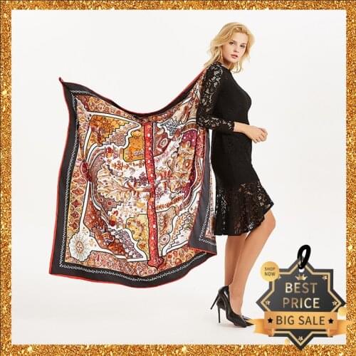 New Spring Print Women Big Scarf 130cm Square Pashmina Twill Silk Feeling Lady Kerchief Luxury Scarves Hijab Fashion Shawl Wrap