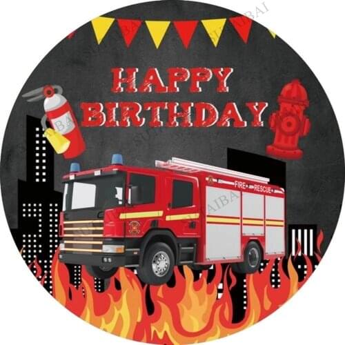 Fire Fighting Happy Birthday Photography Backgrounds Circle Cover Fire Truck Flame Extinguisher Child Party Decor Round Backdrop